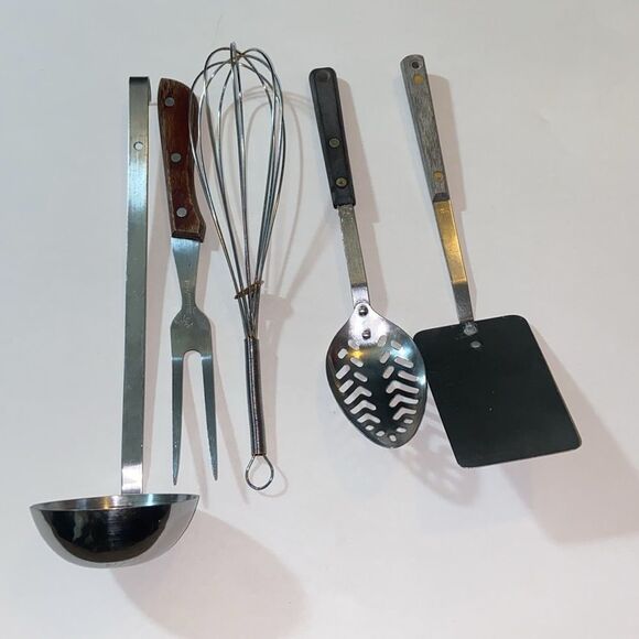 Vtg,Stainless Steel Kitchen Utensil Set 5 with Wooden Accents - Picture 2 of 15